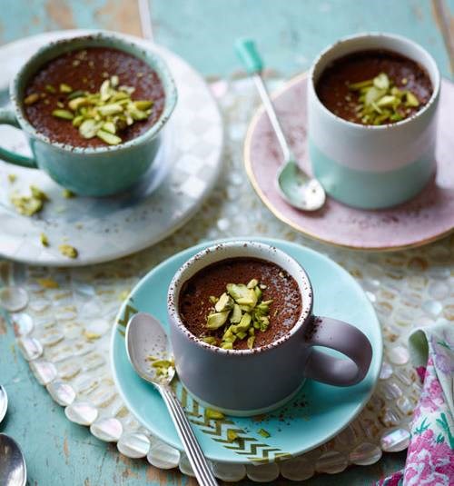 Chocolate, sour cherry and pistachio pots