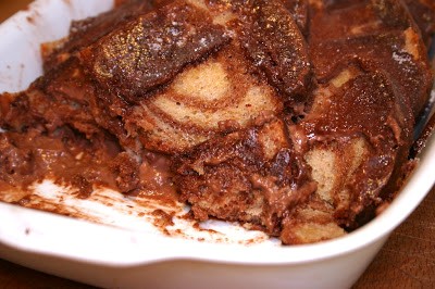 Chocolate swirl bread and butter pudding with chocolate custard