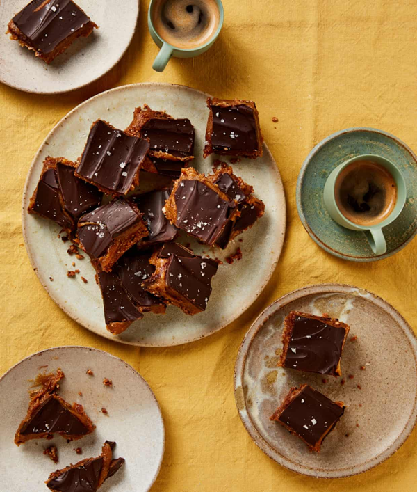 Chocolate, tahini, date and pretzel slice