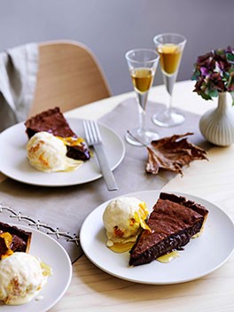 Chocolate tart with orange ice-cream