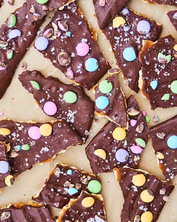 Chocolate-toffee matzo bark with Easter candy