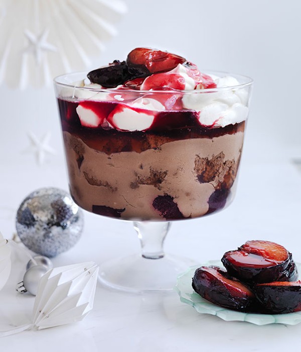 Chocolate trifle with umeshu jelly, plums and crème fraîche