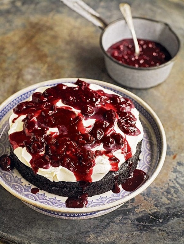 Chocolate vinegar cake with sour cherry compote and mascarpone cream