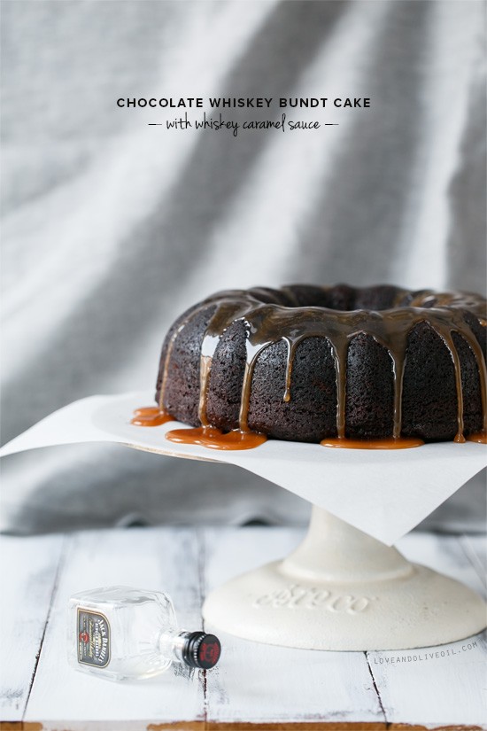 Chocolate whiskey bundt cake with whiskey caramel sauce