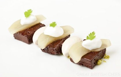 Chocolate with coriander and poached pear