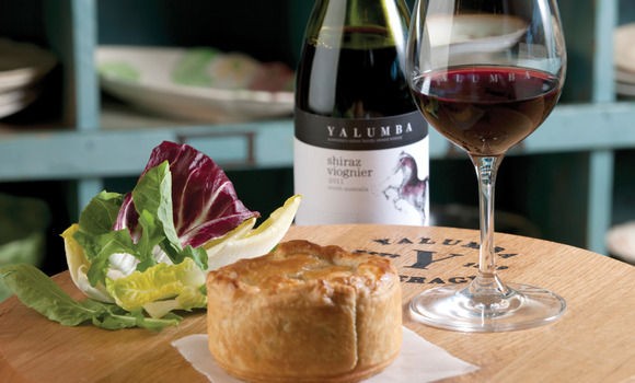 Chook and mushroom pie with salad greens and traditional tomato sauce