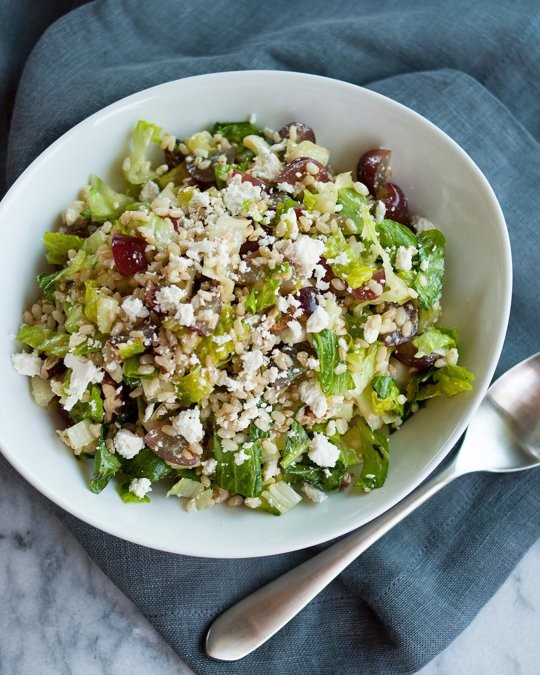 Chopped brown rice salad with grapes and pecans