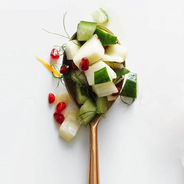 Chopped cucumber, pear, and fennel salad