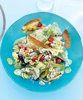 Chopped Greek salad with pita chips