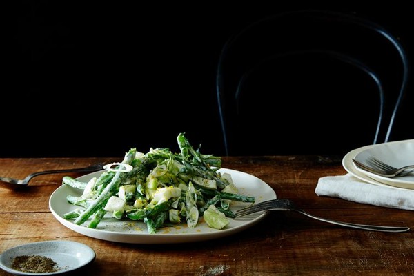 Chopped kitchen sink salad with yogurt dressing & bottarga