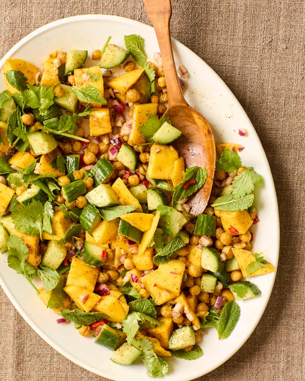 Chopped mango salad with crispy chickpeas