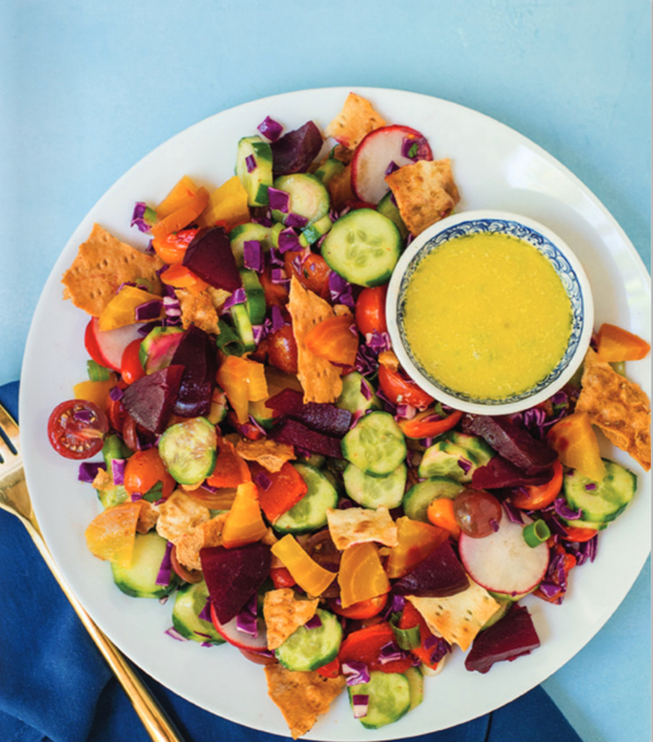 Chopped rainbow salad with crispy lavash
