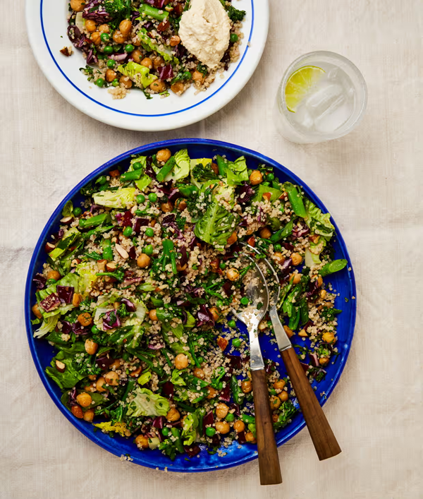 Chopped salad with chickpeas, broccoli and miso