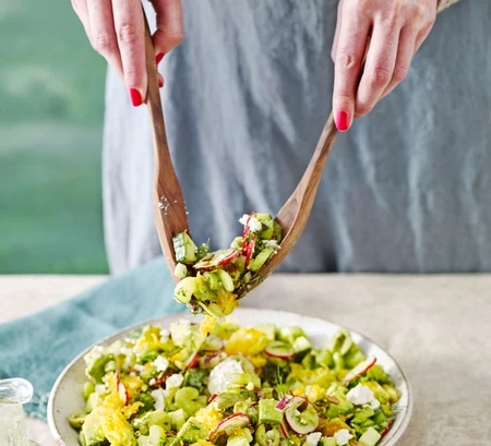 Chopped salad with crispy rice and herby kefir dressing