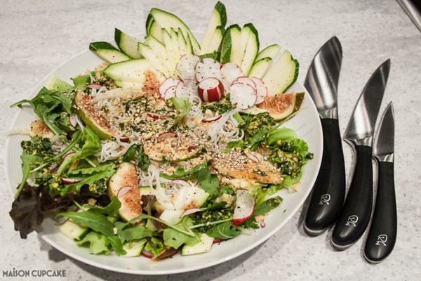 Chopped salad with rice noodles and salsa verde