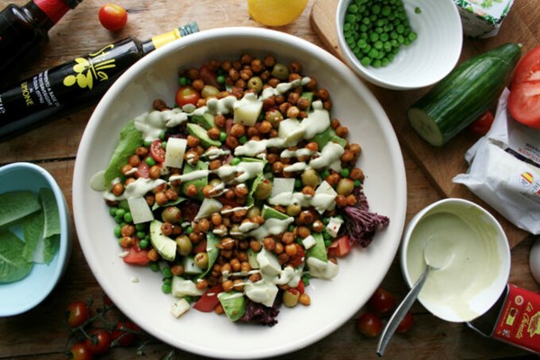 Chopped salad with smoked chilli-fried chickpeas