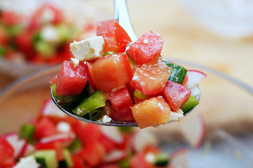Chopped vegetable, watermelon and feta salad