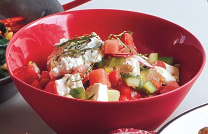 Chopped veggie salad with watermelon and feta cheese