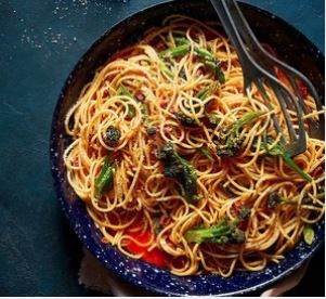 Chorizo & purple sprouting broccoli carbonara