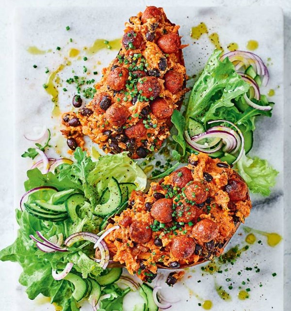 'Chorizo' and black bean loaded sweet potato boats [Tara Acton]