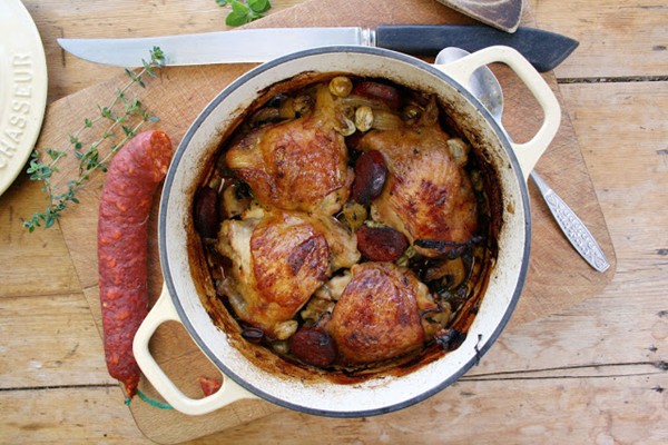 Chorizo and broad bean chicken thighs