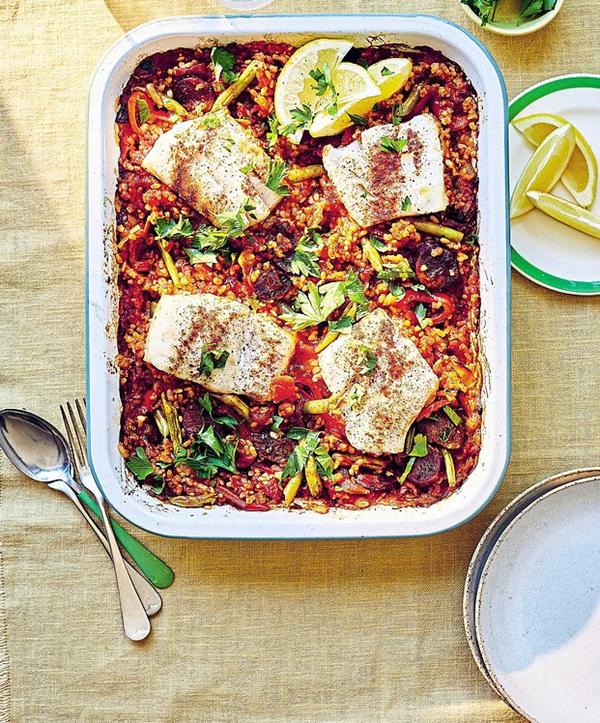 Chorizo and cod paella traybake