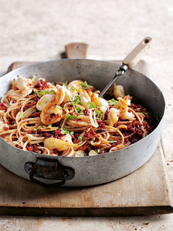 Chorizo and garlic prawn pasta