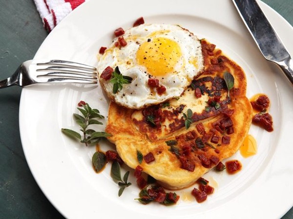 Chorizo and halloumi pancakes with fried eggs