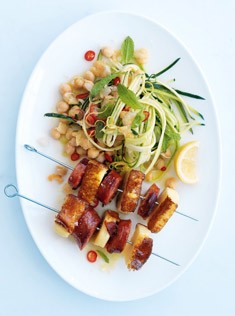 Chorizo and haloumi skewers with chickpea salad