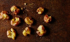 Chorizo and new potato hash with poached eggs and salsa verde