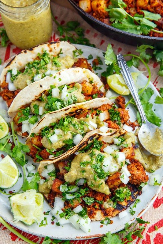 Chorizo and potato tacos with avocado salsa verde