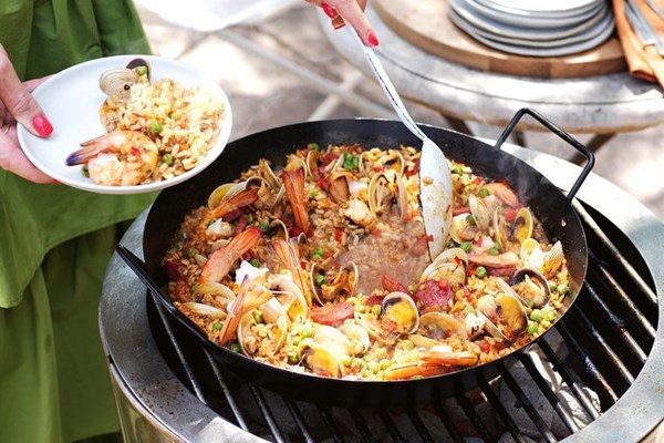 Chorizo and prawn paella on the barbecue