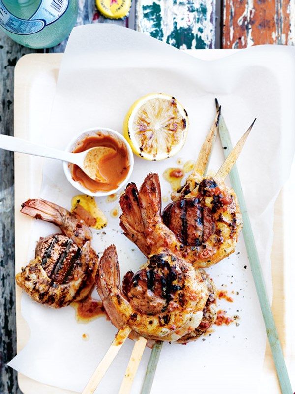 Chorizo and prawn skewers with piri-piri sauce