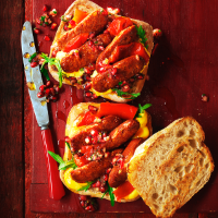 Chorizo and red pepper sandwiches with pomegranate relish and aioli 