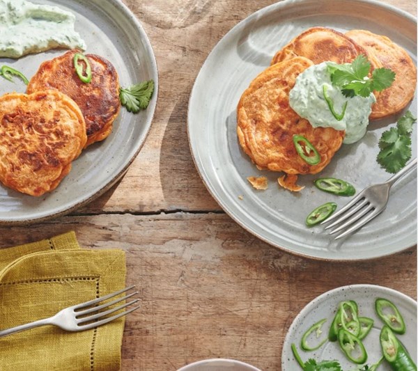Chorizo and sweetcorn pancakes with coriander yoghurt