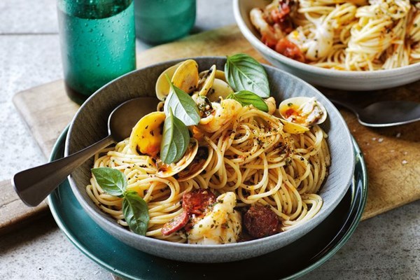 Chorizo and vongole pasta with shellfish oil