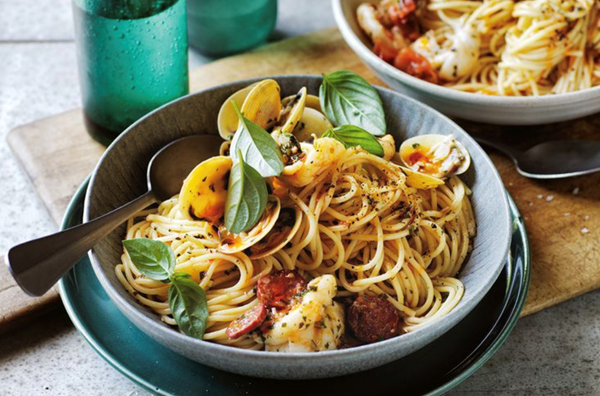 Chorizo and vongole pasta with shellfish oil