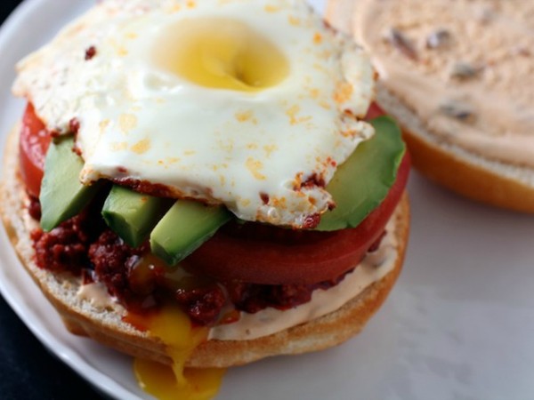 Chorizo, avocado, and egg cemitas with chipotle mayonnaise