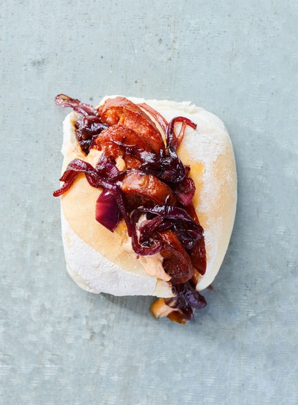 Chorizo bocadillo with sticky red wine onions