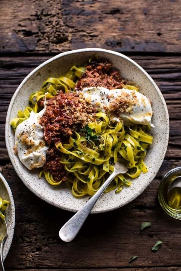 Chorizo Bolognese pasta with sourdough pangrattato + burrata