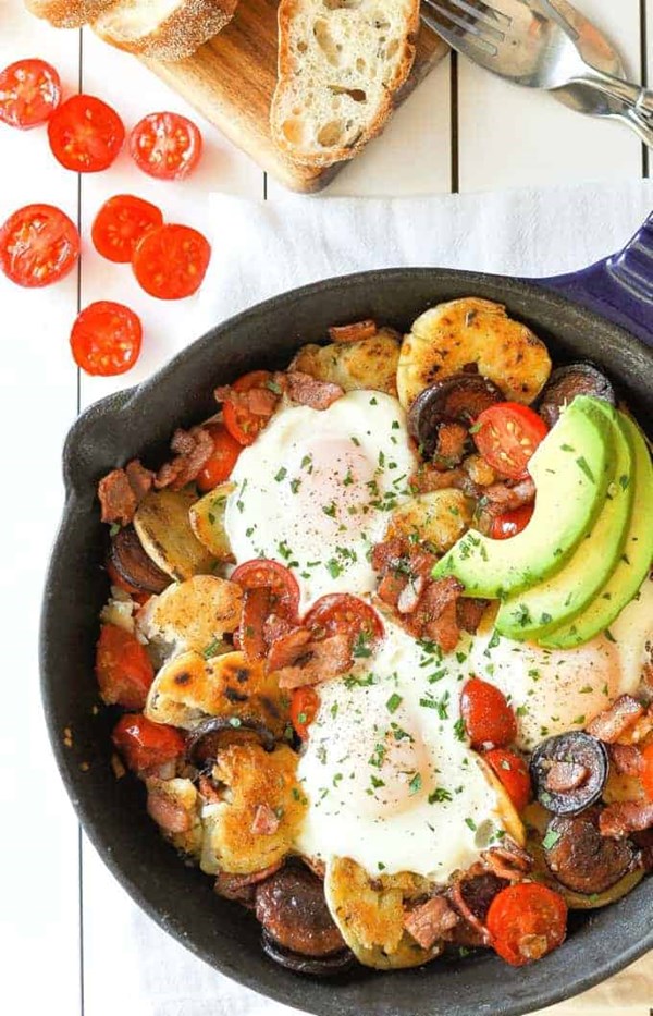 Chorizo breakfast hash with bacon and smashed potato