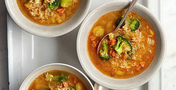 Chorizo, broccoli and brown rice soup