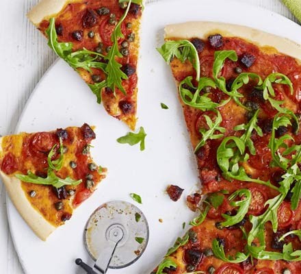 Chorizo, caper and rocket pizza