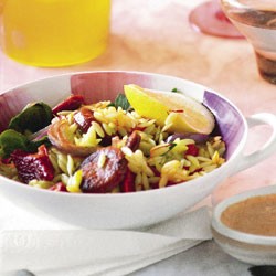 Chorizo, capsicum and saffron orzo salad with capsicum aioli