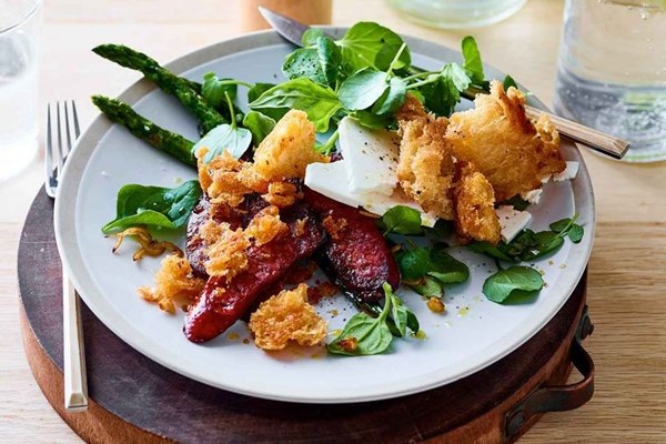 Chorizo, charred asparagus, preserved lemon and spring greens [Kiza Azami]