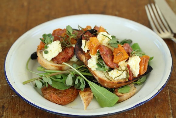 Chorizo, dried mustard apricots & feta bruschetta