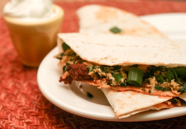 Chorizo, eggs and spinach breakfast quesadillas