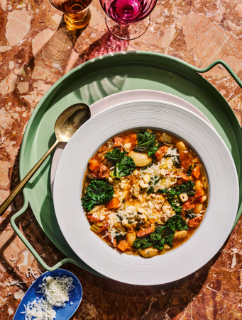 Chorizo, goat's cheese and butter bean soup