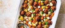Chorizo meatball and feta traybake