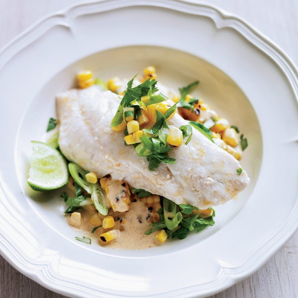 Chorizo oil-poached red snapper with grilled corn salad [Erik Anderson and Josh Habiger]